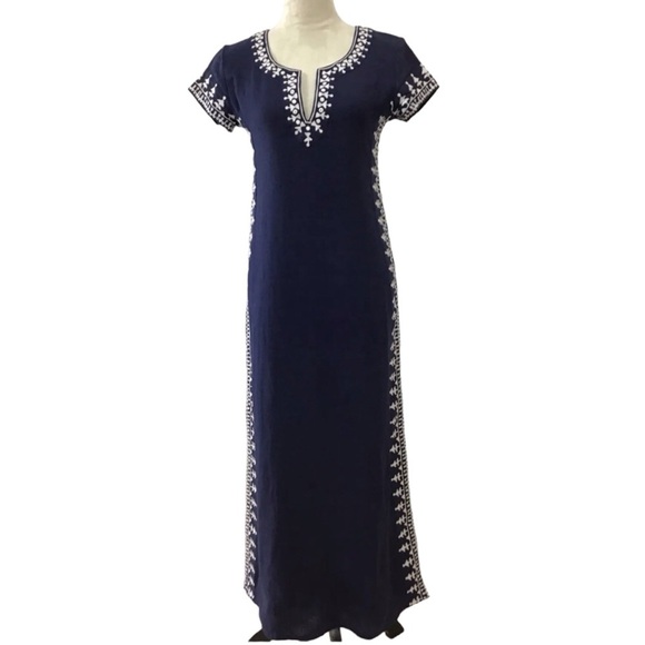 Sulu Collection Boho Navy Blue Embroidered Linen Lined Maxi Dress Size 2 - Picture 1 of 7